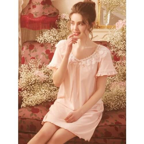 Free Shipping 2021 New Summer Womens Nightgown 95% Cotton Nightshirt Short Pijamas Beauty Pink Lace Nightdress