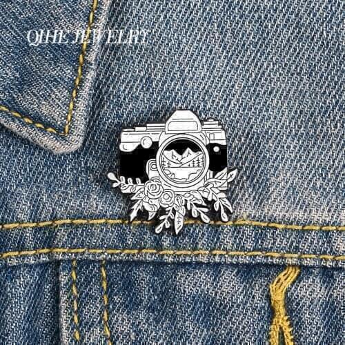QIHE JEWELRY Ink Painting Camera Enamel Pins Shooting Landscape Outing Photography Brooches Badges Gifts for Photographers