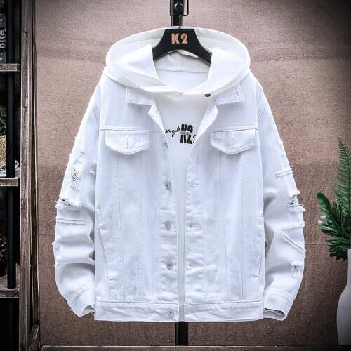 White Ripped Jeans Jacket Men Fashion Personality Hole Long Sleeve Tassel Denim Jacket Male Korean Style Loose Black Bomber Coat