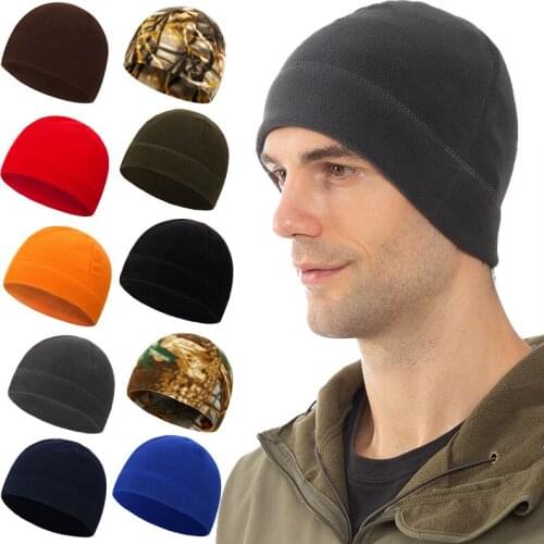 Male Camouflage Solid Color Stretch Beanie Winter Warm Fleece Knitted Hat Outdoor Riding Hiking Mountaineering Windproof Cap