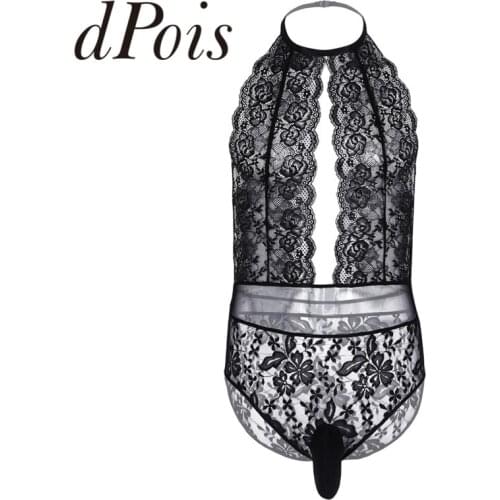 Mens Floral Lace One Piece Sissy Lingerie Sexy Gay Penis Pouch Crossdress Halter Neck Bodysuit Homme Male Nightwear