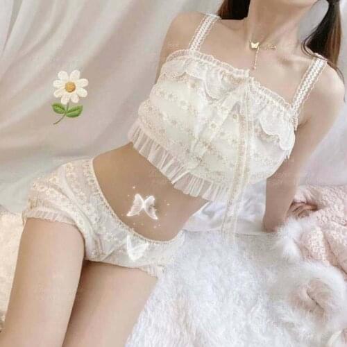 Lingerie briefs gather wirefree bra set retro satin tube top nightgown pajamas girl retro court lingerie mid waist panties