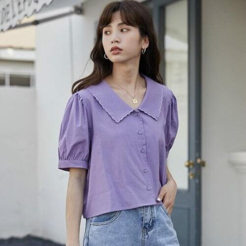 New Japan Style Sweet Girls Doll Collar Puff Short Sleeve Shirt Womens Summer Chic Short Blouse Woman Kawaii Tops