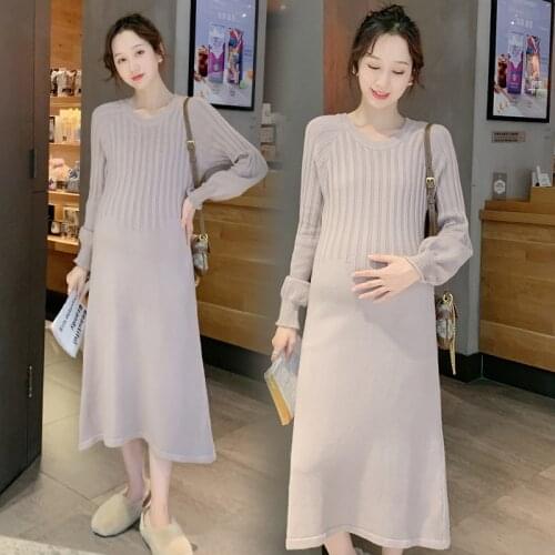 Autumn Winter Korean Fashion Knitted Maternity Long Dress Slim Clothes for Pregnant Women Sweet Pregnancy Dress