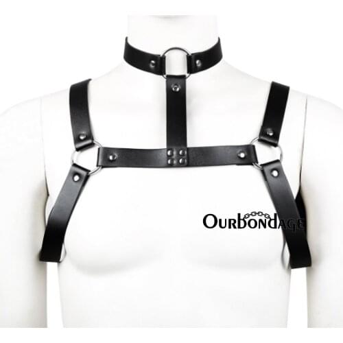 Ourbondage Mens X-Shape BDSM Bondage PU Leather Body Chest Muscle Harness Belt Punk Strap with Collar For Mens and Gay Sex Toy