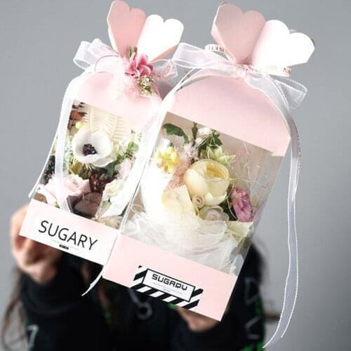 Portable Rose Flower Packing Boxes Folding Organizer Transparent Window Wrapping Flower Bouquet Wedding Gift Packaging Box