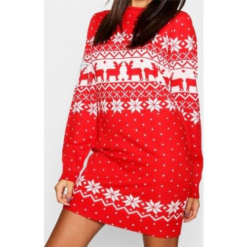 Long Sleeve Christmas Dress Snowflake Deer Print Casual Vintage Party Autumn Short A-line Dresses Round Neck Female Clothes