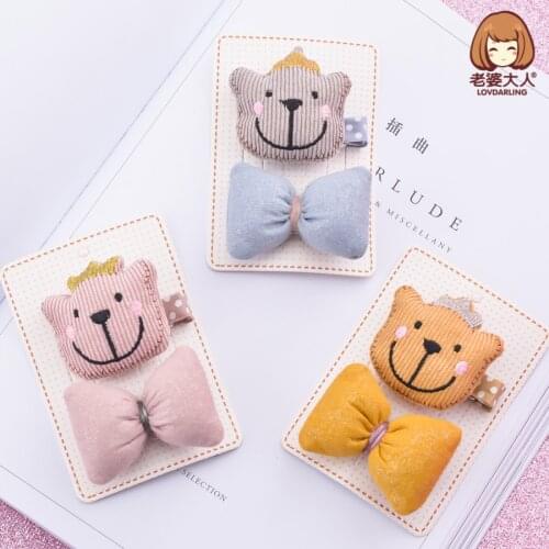 Handmade Japanese and Korean-Style Striped Corduroy Bear Minimalist Bowknot Childrens Hair Accessories Hair Clip Hairpin
