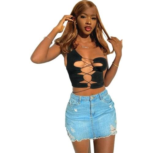 Sexy Hollow Out Lace Up Tight Tank Top for Women T Shirt Streetwear One Shoulder Bandage Crop Tops Club 2021