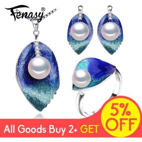 FENASY Pearl Jewelry Sets 925 Sterling Silver Stud Earrings Natural Pearl Leaf Necklace For Women Love Cloisonne Earrings Ring