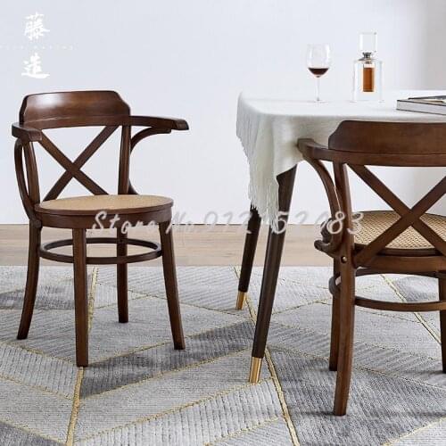 Nordic solid wood backrest dining chair simple modern rattan stool household armrest American chair casual makeup chair