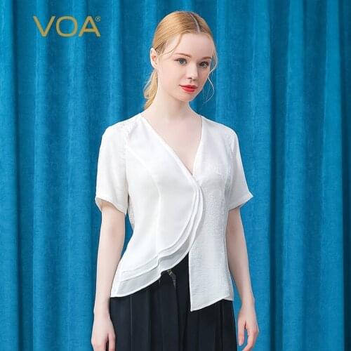 VOA Silk Jacquard White V-neck Short Sleeve Woman Tops BE570 One Button Multilayer Georgette Asymmetric Elegant Fashion Shirt