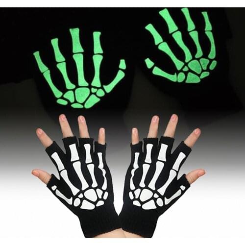 Halloween Magic Glowing Skull Gloves Skeleton Frame Claw Glow In The Dark Skeleton Goth Half Gloves Women Men Winter Cycling