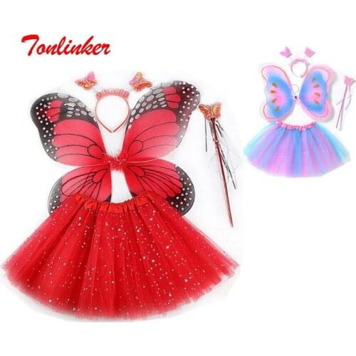 Halloween Girls Butterfly Wings Rainbow Pettiskirt Hair Band Magic Wand Costume Suit Kids Tutu Skirts Cosplay Party Costume Suit