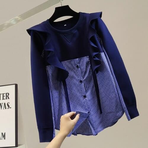 Fashion Ruffles Pullover Sweatshirt Patchwork Stripes Shirts Women Korean Style Casual Loose All-Matching Top Hoody