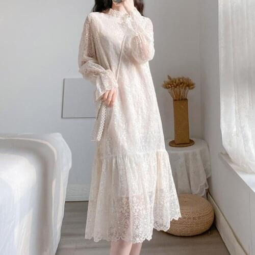 2020 Fashion Spring Women Dress Flare Sleeve Lace Dresses Summer stand neck Bohemia Dress White Embroidery Long Dress Vestidos
