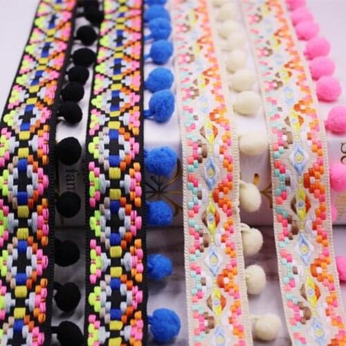 High quality 1yards/lot ethnic wind woven belt hair ball lace ribbon DIY clothing scarf hat/handmade/childrens accessories etc
