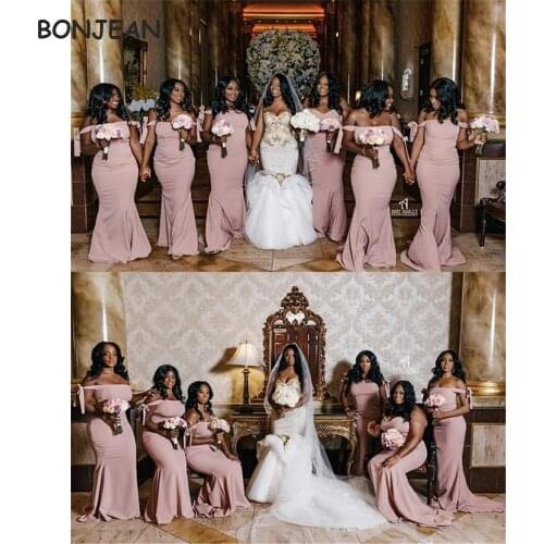 2021 African Off Shoulder Mermaid Bridesmaid Dresses Elastic Satin Black Girls Bridesmaid Dress Wedding Party Dress for Womens