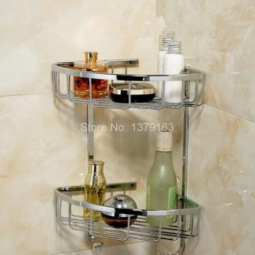 Chrome Brass Bathroom Accessory Corner Dual Tier Shower Soap / Sponge Tray Caddy Basket Wire Storage Rack Wall Mounted aba525