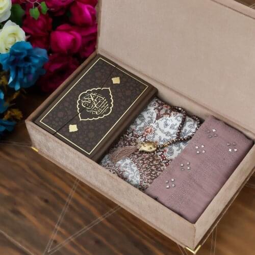 Velvet Box Coffee, Prayer Rug, Quran, Shawl, Crystal Rosary Gift Set Set FREE SHİPPİNG