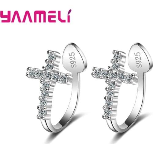 Shining Original 925 Sterling Silver Ear Clip Earrings A+++ High Class CZ Crystal Paved Cross Shaped Hip Hop Jewelry