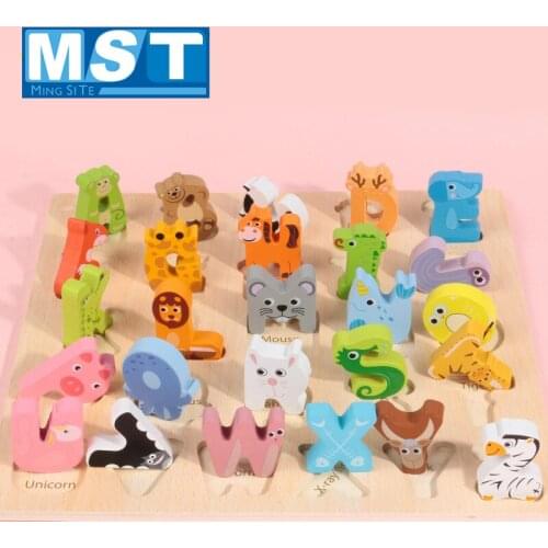 3D Wooden Montessori Toy For Kids 26 Letters Cartoon Animal Recognition Matching Blocks Early Education Toys