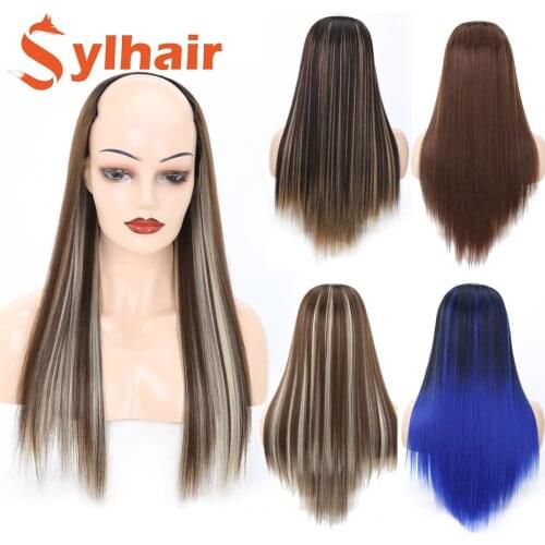 Sylhair 65cm Long Straight Synthetic U Shaped Wigs for Women Black Brown Ombre 3/4 Half Wigs Hair Piece Extensions Daily Use