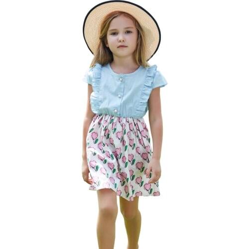 Girls' Lovely Summer Dress, Short Sleeve Button Closure Top and Heart Printed Skirt Hem Patchwork Dress