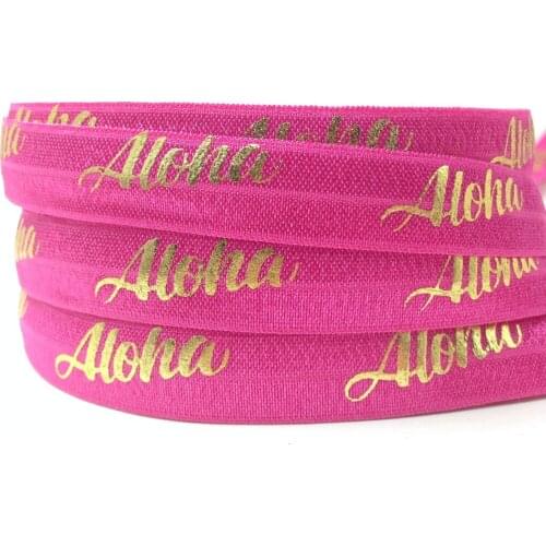 Hot Sale 10 Yards Rose Pink Aloha Print Fold Over Elastic 5/8" Gold Foil FOE Hair Tie Ribbon for Bracelet Headband DIY Headwear