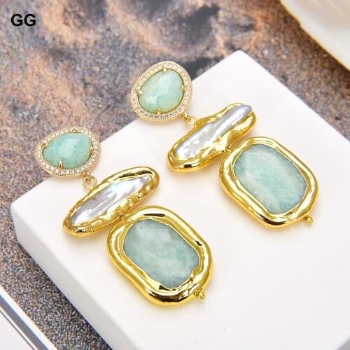 GuaiGuai Jewelry Gold Plated Biwa Pearl Natural Green Amazonites Triangular Dangle Stud Lever Back Earrings Trendy For Women