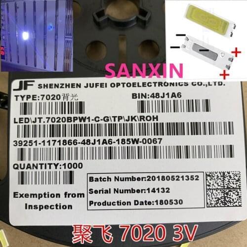 Jufei SMD LED 7020 3v 0.7W 240mA Cool white 10000-15000K For TV Backlight Application 3000PCS