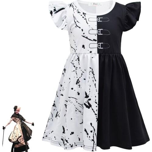 Girls Halloween Cruella Cosplay Costume Black White Polka Dot Milk Silk Twirl Dresses Carnival Kids Clothes