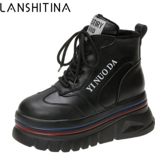 Platform Chunky Boots Women Thick Bottom Sneakers Increased Winter Warm Plush Ankle Boots Woman Leather Metal Motorcycle Botas