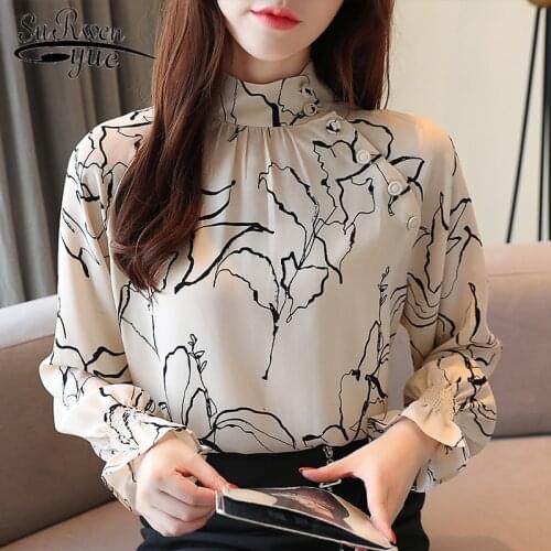 Fashion Print Long Sleeve Chiffon Blouse Women Korean Style Women Tops and Blouse Autumn Stand Flare Sleeve Clothing 5959 50