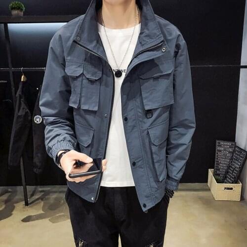 Mens jacket thin casual loose tooling new jacket jacket male slim handsome trendy mens shirt Stand Collar Slim Solid Color