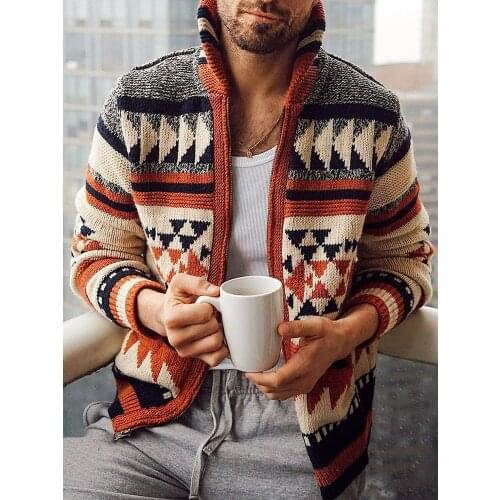 Autumn and winter hot style mens casual jacquard cardigan jacket long sleeve lapel loose knit sweater sweater