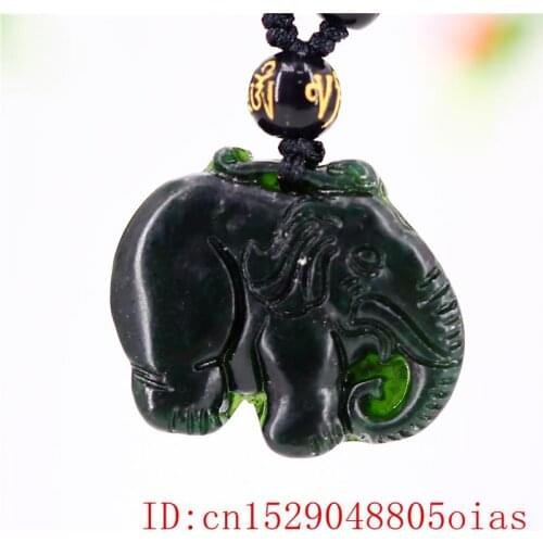 Jade Elephant Pendant Gifts Black Green Amulet Chinese Necklace Charm Carved Jewellery Natural Fashion