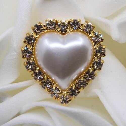 New 22*23mm Heart White Pearl Rhinestone Buttons Golden Metal Decorate Invitation DIY Wedding Hair Flower Center Scrapbooking