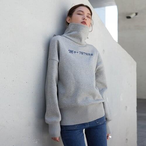 New Arrival 2018 casual loose fleeced letter embroidered turtleneck hoodies women