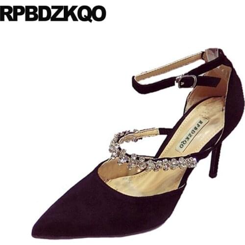 Pointed toe big size crystal platform ankle strap stiletto sandals black suede pumps thin high heels shoes ladies rhinestone