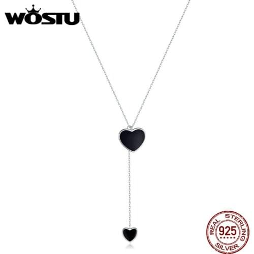 WOSTU Dangle Heart Necklace 925 Sterling Silver Black Enamel Long Chain Double Heart Necklace For Women Wedding Jewelry CTN095