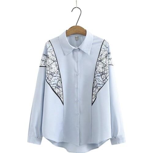 Plus Size XL-4XL White Blue Long Sleeved Printed Blouse Women Elegant Simple Tops Vintage Workwear Blusas