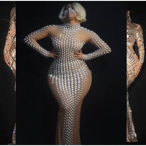 Sexy pearl Long Dress Rhinestones Pearls Birthday Celebrate evening Dresses party girl singer stage dance costume
