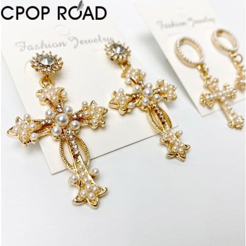 Imitation Pearl Cross Earring for Women Zircon Luxury Palace Baroque Vintage Earring Fashion Jewelry Accessories Hot Sale Gift
