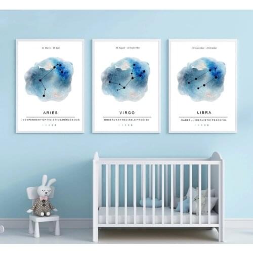 Constellations Nursery Wall Art Print Zodiac Astrology Sign Canvas Art Painting Blue Kids Poster Boy Room Pictures Wall Decor