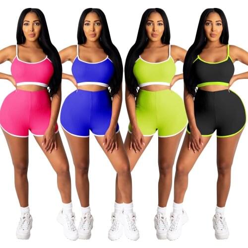 Sport Knitted Ribbed Women Two Pieces Set Tracksuit Tank Tee Tops Shorts Jogger Sweatpant Suit Outfit Matching Set Home Outfits