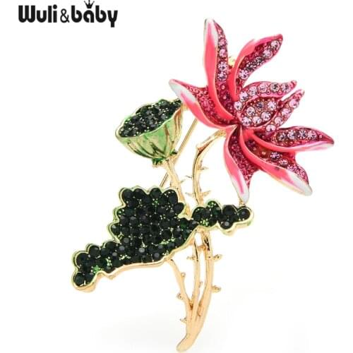 Wuli&baby Pink Enamel Lotus Flower Brooches Women Rhinestone Lotus Root Party Office Brooch Pins Gifts