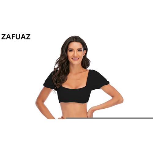ZAFUAZ sexy 2020 solid tankini bikini sport bandeau swimsuit Puff short sleeve high waist Backless bathing suit Beach Wear