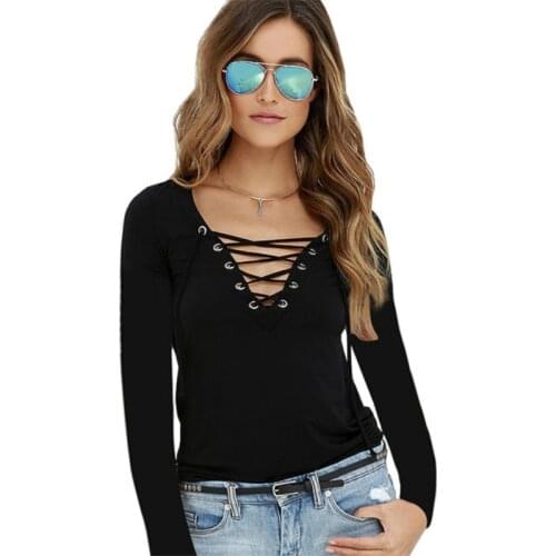 2018 Women Tshirt Summer Spring New Sexy Deep V-neck Solid Color Long Sleeve Shirt Womens Clothing Tops Tees Plus Size 10 Colors