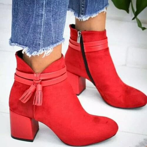 2021 Red Tassel Ankle Shoes Womens Shoes Single Boots Autumn Winter Pointed Toe Thick With Short Boots